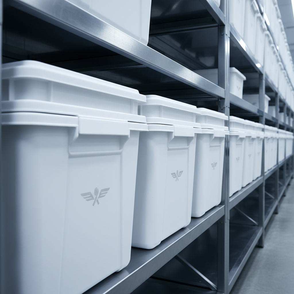 A series of stackable, pristine white commercial food transport containers with subtle logo branding, neatly aligned on a custom-built shelving unit in a modern industrial storage area. The containers’ smooth, matte surfaces and ergonomic handles convey durability and cleanliness. Behind, the background features cool-toned, brushed metal shelving under bright, diffused warehouse lighting, producing crisp highlights and soft, controlled shadows. Shot from a slightly elevated angle, the image emphasizes structure, organization, and service precision. The atmosphere is orderly and professional, encapsulating the business’s dedication to meticulous logistics in a clean, photographic, and corporate visual approach fitting for a premium catering service.