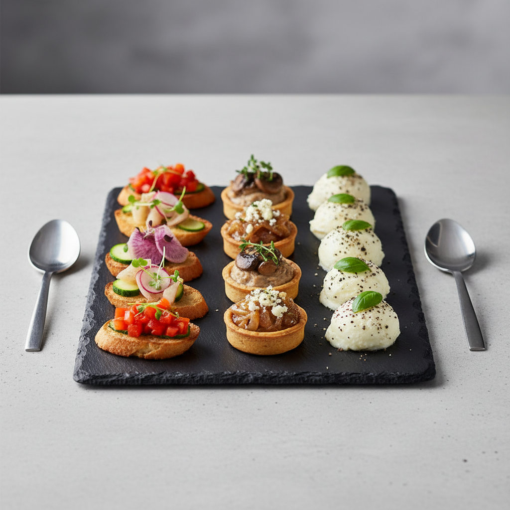 An elegant array of assorted gourmet canapés artistically displayed on a rectangular, matte black slate platter. Each canapé features distinct textures: crisp crostini with vibrant vegetable toppings, glossy miniature tarts, and creamy cheese bites with subtle garnish. The platter is positioned on an uncluttered, smooth concrete surface, flanked by minimalist silver serving utensils. Overhead studio lighting illuminates the scene evenly, accentuating the freshness and color contrast of the food while casting soft, defined shadows. The composition uses rule of thirds, with a focus on visual balance and structured arrangement. The atmosphere is sleek and neutral, conveying high-end, professional catering in a photographic, clean, and corporate visual language.