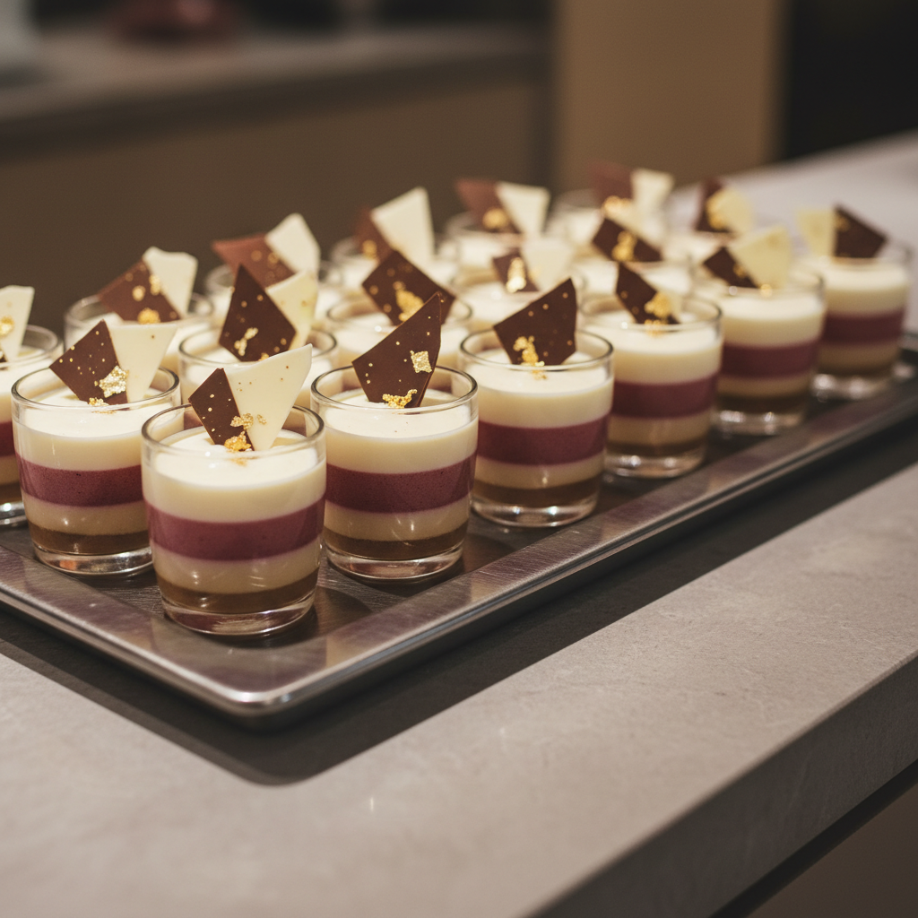 A close-up view of a modern dessert station featuring an array of petite glass cups, each filled with layered tiramisu, mousse, and panna cotta topped with geometric chocolate shards and subtle gold leaf accents. The cups are arranged in perfect rows on an angular, brushed stainless steel tray, which sits atop a smooth, neutral stone countertop. Diffused overhead lighting creates soft, consistent illumination, with gentle reflections on the glass and metallic surfaces. The composition is shot from a low side angle to emphasize depth, focusing sharply on the textures and colors of the desserts while the background remains softly blurred. The mood is refined yet inviting, expressing a clean, corporate elegance in a photographic, minimalist style tailored to high-end event catering.