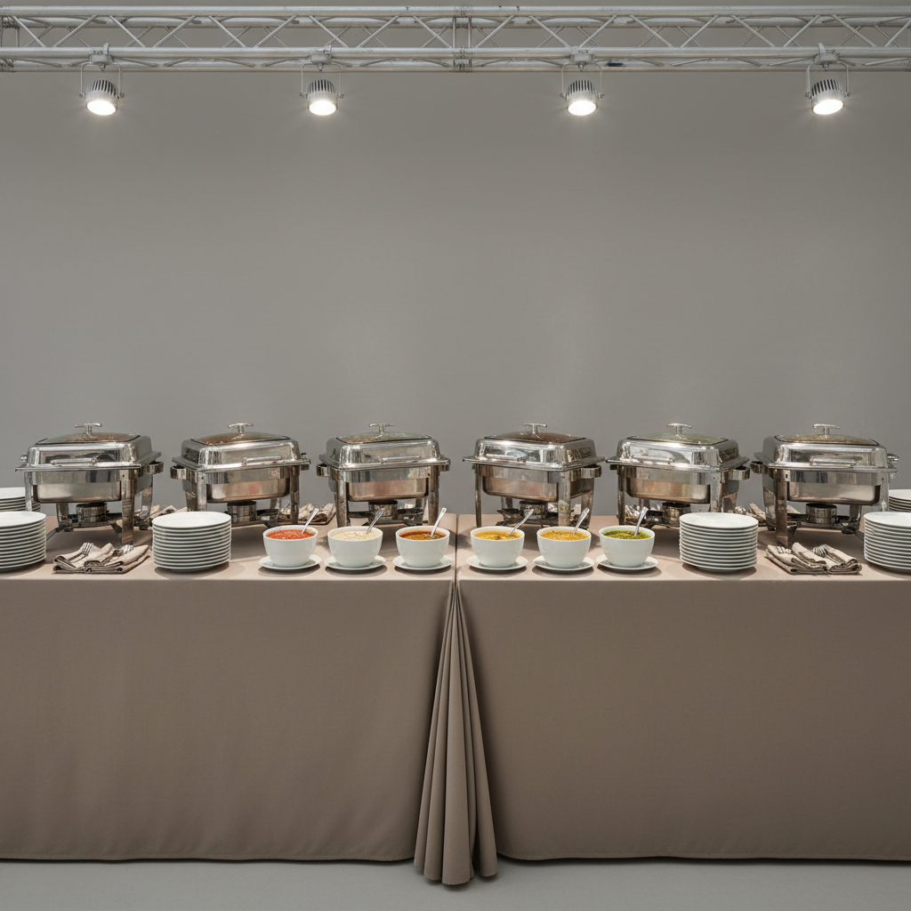 A spacious, immaculately organized catering display table featuring an array of silver chafing dishes, each gleaming under targeted soft white LED spotlights. The table is draped in a crisp, taupe linen clot, surrounded by perfectly aligned serving plates and minimalist ceramic sauce vessels. Behind the table, a neutral wall provides an uncluttered, corporate backdrop, enhancing the display's formality. Shot from a symmetrical eye-level angle, the composition highlights order and professionalism, with every element intentionally placed. The mood feels both calm and authoritative, channeling photographic realism and a clean, structured layout that showcases the operational excellence of the business catering service.
