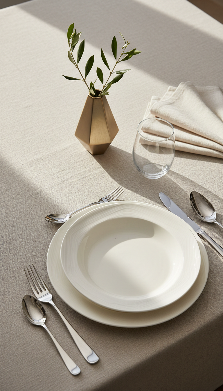A meticulously arranged table setting featuring polished stainless steel cutlery, a pristine white porcelain plate with clean edges, and a contemporary glass water tumbler, all resting atop a neutral-toned linen tablecloth. The setting is surrounded by minimalist centerpiece elements such as a single geometric metallic vase and delicate folded napkins. Soft natural afternoon light streams gently from the left, creating refined highlights on the cutlery and subtle, elongated shadows across the tabletop. Captured from a slightly elevated, overhead perspective with sharp focus and balanced negative space, the image evokes a sense of precision, structure, and understated sophistication. The mood is calm and professionally inviting, embodying a photographic realism with a clean, modern business aesthetic ideal for showcasing premium catering service quality.